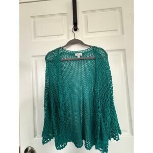 Porsesa Vintage 90s Teal Crochet Knit Cardigan - Boho Hippie Open Weave - Medium